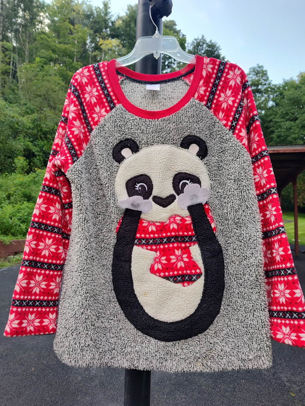 Cozy Panda Sherpa Sweater - Red & Gray Snowflake Pattern
